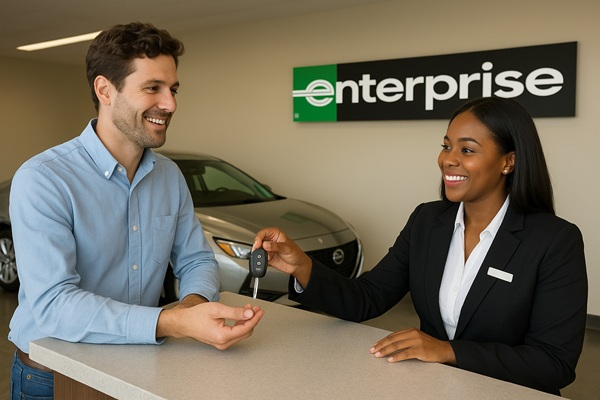 Smiling customer receiving car keys at Enterprise rental counter in the USA.