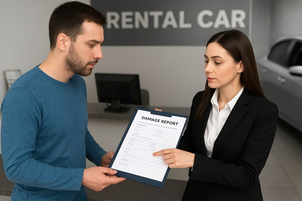 Customer reviewing a rental car damage report with a company representative.