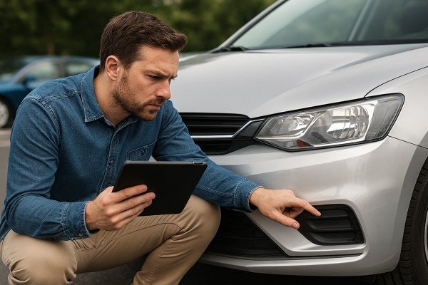 Person inspecting a rental car for visible damage before signing the agreement
