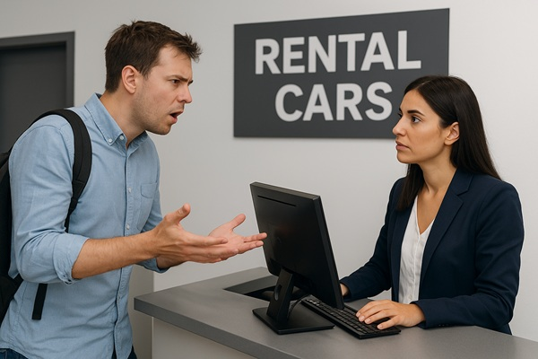 Customer discussing car rental dispute with rental agency representative