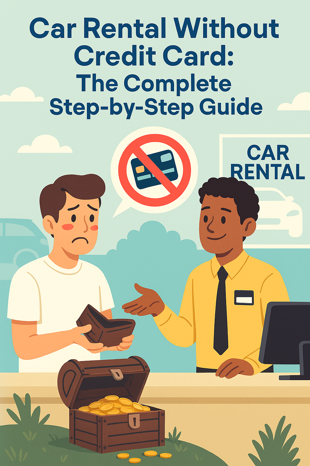 A customer with an embarrassed expression at a car rental counter, holding an empty wallet while the agent responds calmly.